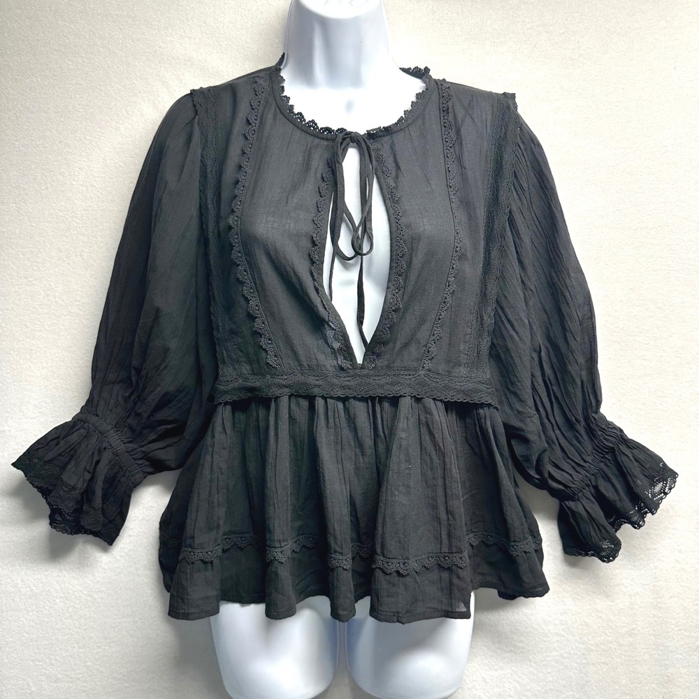 H&M Peplum Blouse L Black Lace Trim Boho Gothic Whimsical Romantic Deep V-Neck